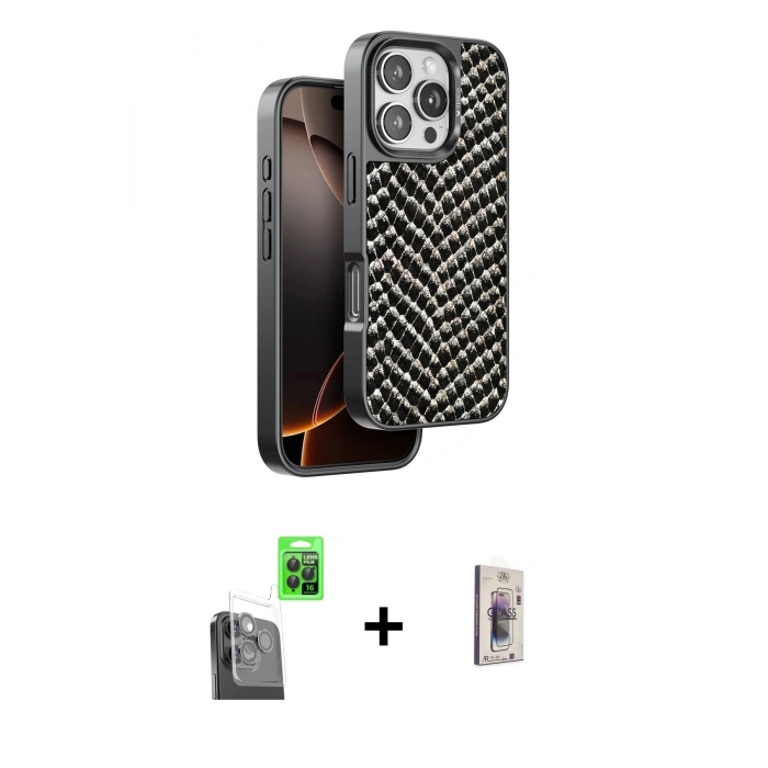 MARSİLYAN™- iPhone 16 Pro Max Kılıf Vadi Özel Seri - Siyah Bilvis 3D Cam Ekran Koruyucu + Raze Metal Kamera Lens - SH