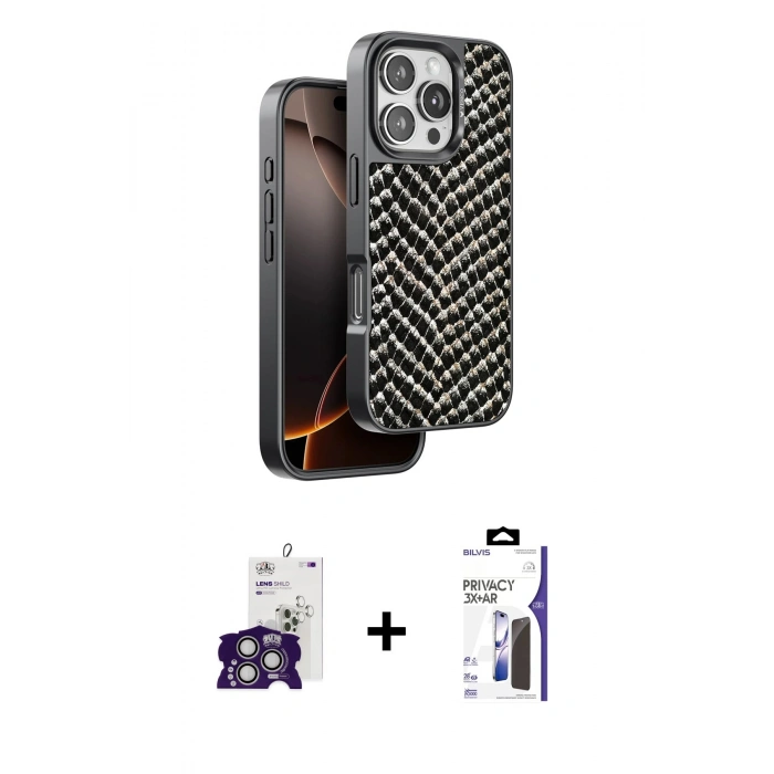 MARSİLYAN™- iPhone 16 Pro Max Kılıf Vadi Özel Seri - Siyah Bilvis 3X AR Hayalet Cam Ekran Koruyucu + Bilvis Titan Kamera Lens - GS