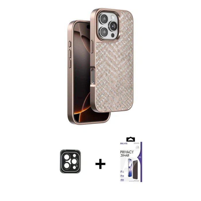 MARSİLYAN™- iPhone 16 Pro Max Kılıf Vadi Özel Seri - Siyah Bilvis 3X AR Hayalet Cam Ekran Koruyucu + PVD Metal Kamera Lens - SH