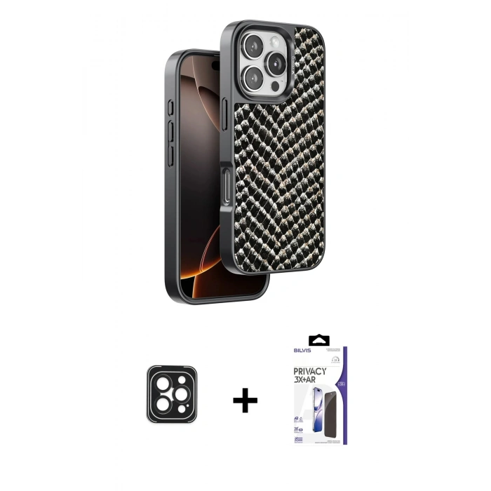 MARSİLYAN™- iPhone 16 Pro Max Kılıf Vadi Özel Seri - Siyah Bilvis 3X AR Hayalet Cam Ekran Koruyucu + PVD Metal Kamera Lens - SH