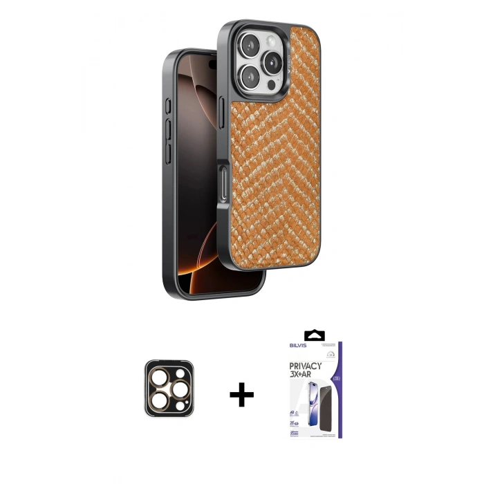 MARSİLYAN™- iPhone 16 Pro Max Kılıf Vadi Özel Seri - Siyah Bilvis 3X AR Hayalet Cam Ekran Koruyucu + PVD Metal Kamera Lens - GD