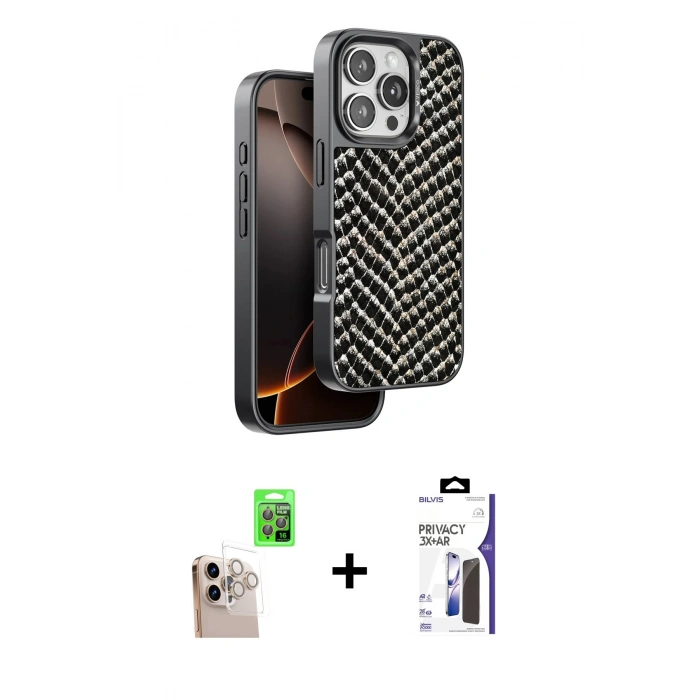 MARSİLYAN™- iPhone 16 Pro Max Kılıf Vadi Özel Seri - Siyah Bilvis 3X AR Hayalet Cam Ekran Koruyucu + Raze Metal Kamera Lens - NLGY