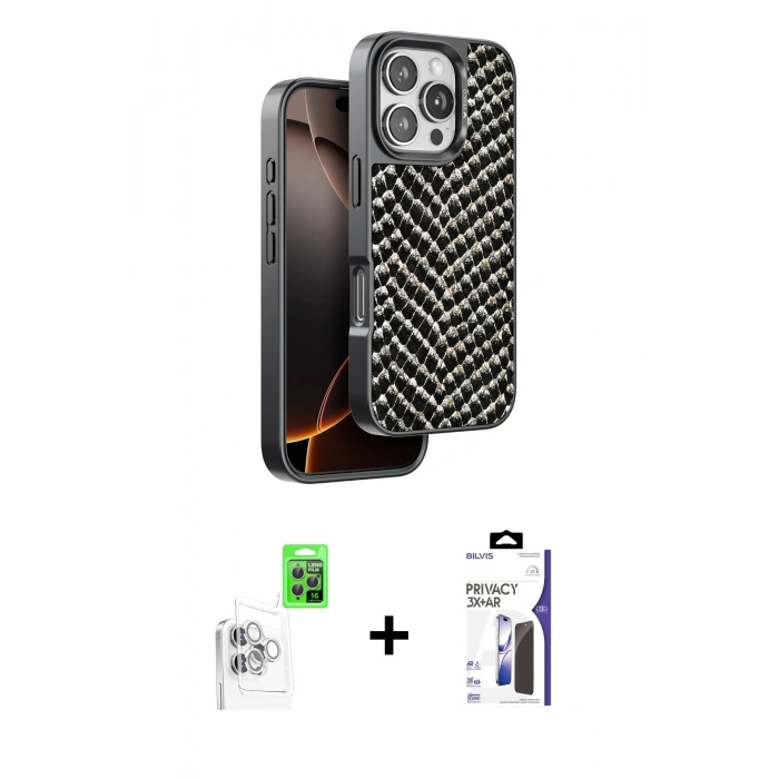 MARSİLYAN™- iPhone 16 Pro Max Kılıf Vadi Özel Seri - Siyah Bilvis 3X AR Hayalet Cam Ekran Koruyucu + Raze Metal Kamera Lens - BZ