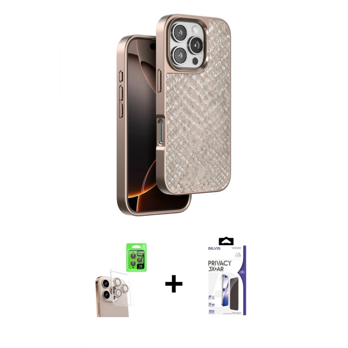 MARSİLYAN™- iPhone 16 Pro Max Kılıf Vadi Özel Seri - Siyah Bilvis 3X AR Hayalet Cam Ekran Koruyucu + Raze Metal Kamera Lens - NLGY