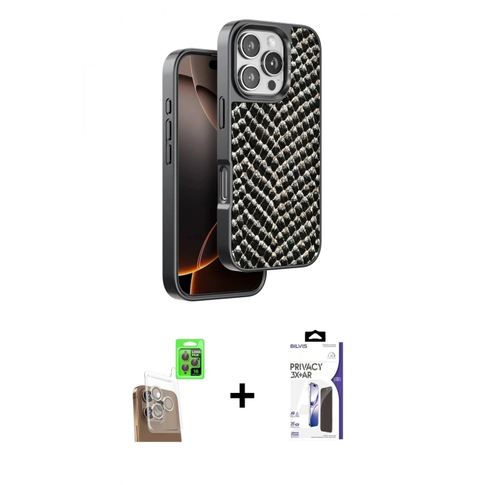 MARSİLYAN™- iPhone 16 Pro Max Kılıf Vadi Özel Seri - Siyah Bilvis 3X AR Hayalet Cam Ekran Koruyucu + Raze Metal Kamera Lens - CLTM