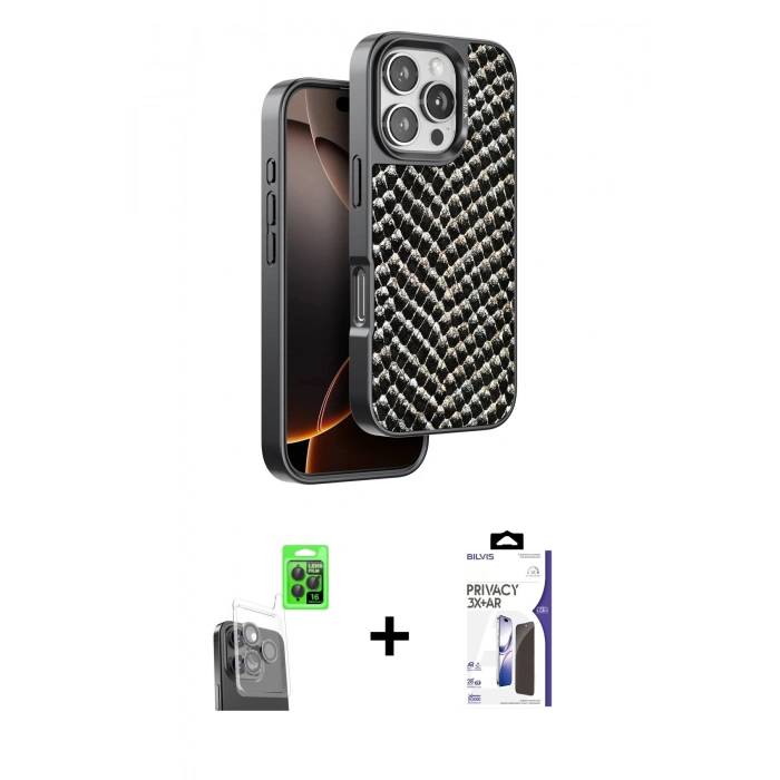 MARSİLYAN™- iPhone 16 Pro Max Kılıf Vadi Özel Seri - Siyah Bilvis 3X AR Hayalet Cam Ekran Koruyucu + Raze Metal Kamera Lens - SH