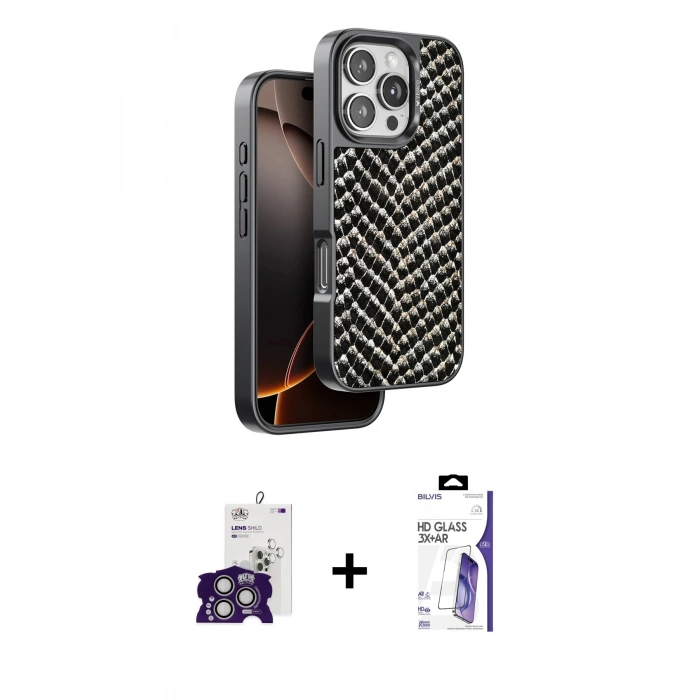 MARSİLYAN™- iPhone 16 Pro Max Kılıf Vadi Özel Seri - Siyah Bilvis 3X AR HD Cam Ekran Koruyucu + Bilvis Titan Kamera Lens - GS