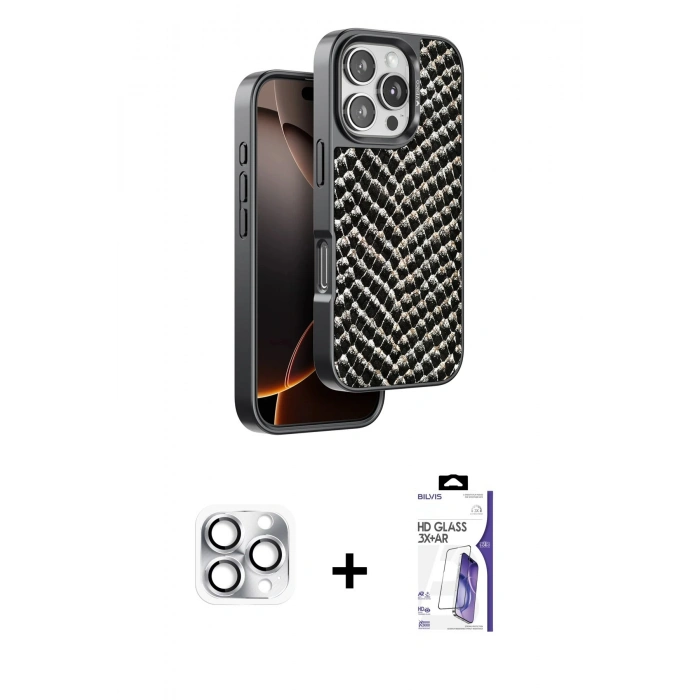 MARSİLYAN™- iPhone 16 Pro Max Kılıf Vadi Özel Seri - Siyah Bilvis 3X AR HD Cam Ekran Koruyucu + Pers Alüminyum Kamera Lens - GS