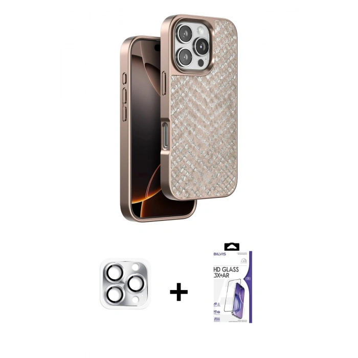 MARSİLYAN™- iPhone 16 Pro Max Kılıf Vadi Özel Seri - Siyah Bilvis 3X AR HD Cam Ekran Koruyucu + Pers Alüminyum Kamera Lens - GS