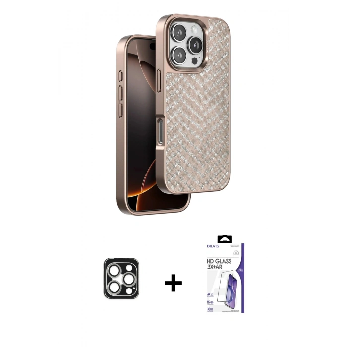 MARSİLYAN™- iPhone 16 Pro Max Kılıf Vadi Özel Seri - Siyah Bilvis 3X AR HD Cam Ekran Koruyucu + PVD Metal Kamera Lens - GS