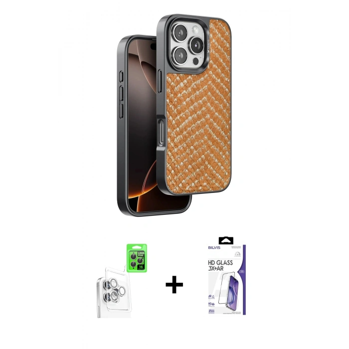 MARSİLYAN™- iPhone 16 Pro Max Kılıf Vadi Özel Seri - Siyah Bilvis 3X AR HD Cam Ekran Koruyucu + Raze Metal Kamera Lens - BZ