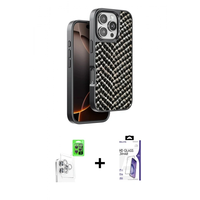 MARSİLYAN™- iPhone 16 Pro Max Kılıf Vadi Özel Seri - Siyah Bilvis 3X AR HD Cam Ekran Koruyucu + Raze Metal Kamera Lens - BZ