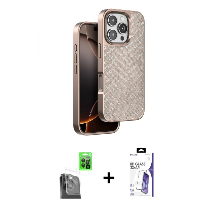 MARSİLYAN™- iPhone 16 Pro Max Kılıf Vadi Özel Seri - Siyah Bilvis 3X AR HD Cam Ekran Koruyucu + Raze Metal Kamera Lens - SH
