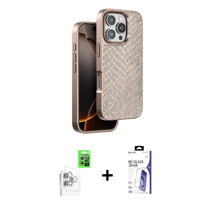 MARSİLYAN™- iPhone 16 Pro Max Kılıf Vadi Özel Seri - Siyah Bilvis 3X AR HD Cam Ekran Koruyucu + Raze Metal Kamera Lens - BZ