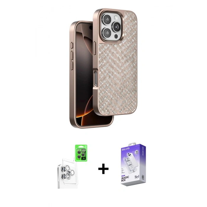 MARSİLYAN™- iPhone 16 Pro Max Kılıf Vadi Özel Seri - Siyah Bilvis 5in1 3D Magic Cam Ekran Koruyucu + Beyaz Raze Metal Kamera Lens