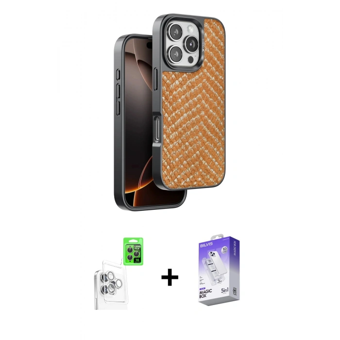 MARSİLYAN™- iPhone 16 Pro Max Kılıf Vadi Özel Seri - Siyah Bilvis 5in1 3D Magic Cam Ekran Koruyucu + Beyaz Raze Metal Kamera Lens