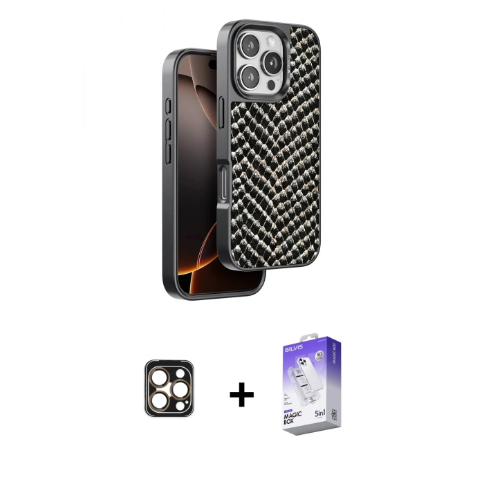MARSİLYAN™- iPhone 16 Pro Max Kılıf Vadi Özel Seri - Siyah Bilvis 5in1 3D Magic Cam Ekran Koruyucu + PVD Metal Kamera Lens - GD
