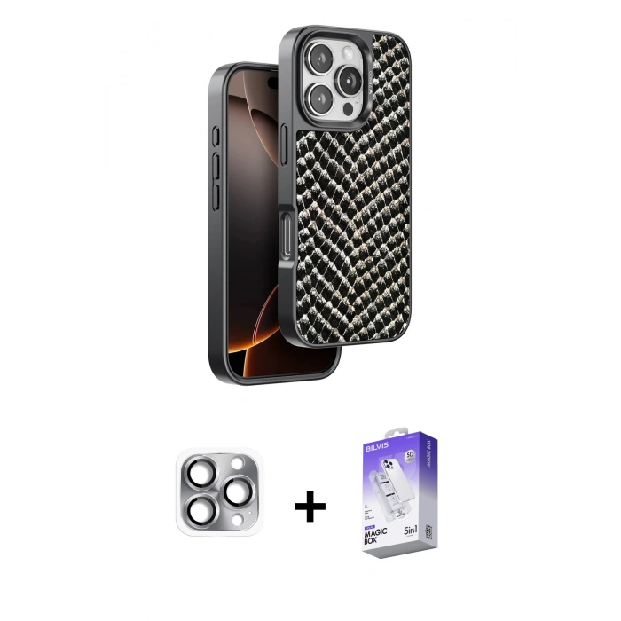 MARSİLYAN™- iPhone 16 Pro Max Kılıf Vadi Özel Seri - Siyah Bilvis 5in1 3D Magic Cam Ekran Koruyucu + Pers Alüminyum Kamera Lens - GI
