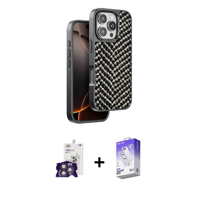 MARSİLYAN™- iPhone 16 Pro Max Kılıf Vadi Özel Seri - Siyah Bilvis 5in1 3D Magic Cam Ekran Koruyucu + Bilvis Titan Kamera Lens - GS