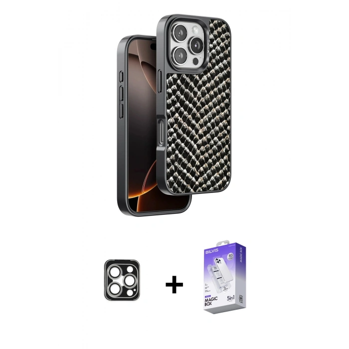 MARSİLYAN™- iPhone 16 Pro Max Kılıf Vadi Özel Seri - Siyah Bilvis 5in1 3D Magic Cam Ekran Koruyucu + PVD Metal Kamera Lens - GS