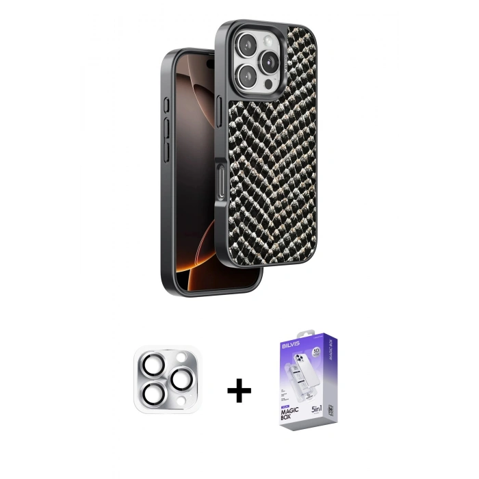 MARSİLYAN™- iPhone 16 Pro Max Kılıf Vadi Özel Seri - Siyah Bilvis 5in1 3D Magic Cam Ekran Koruyucu + Gümüş Pers Alüminyum Kamera Lens