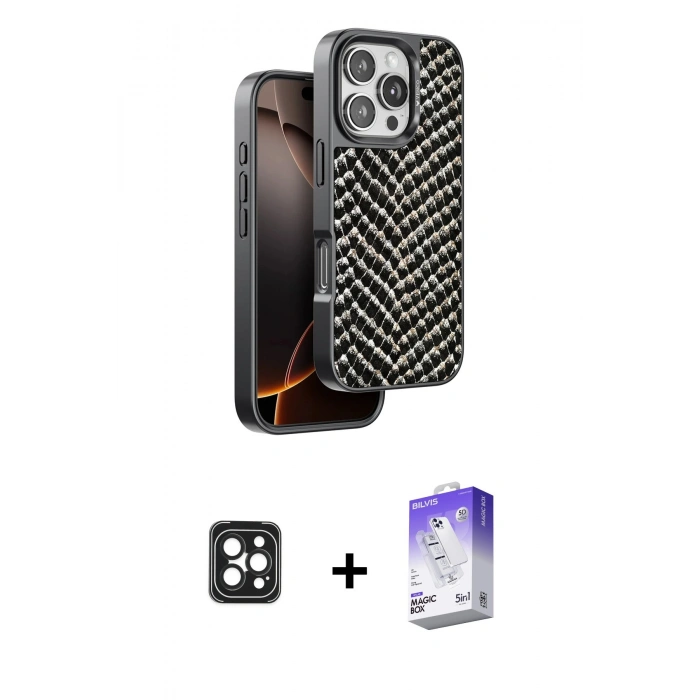 MARSİLYAN™- iPhone 16 Pro Max Kılıf Vadi Özel Seri - Siyah Bilvis 5in1 3D Magic Cam Ekran Koruyucu + PVD Metal Kamera Lens - SH