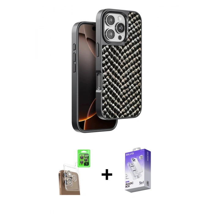 MARSİLYAN™- iPhone 16 Pro Max Kılıf Vadi Özel Seri - Siyah Bilvis 5in1 3D Magic Cam Ekran Koruyucu + Raze Metal Kamera Lens - CLTM