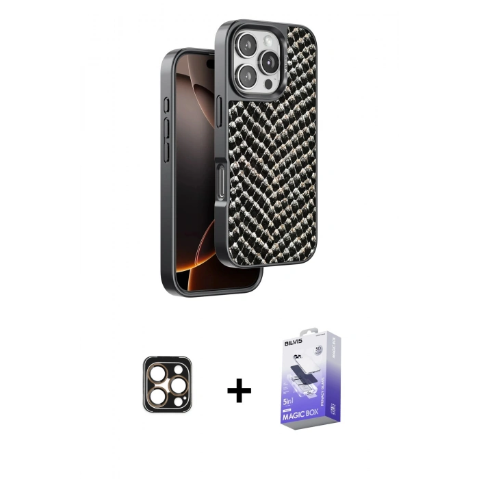 MARSİLYAN™- iPhone 16 Pro Max Kılıf Vadi Özel Seri - Siyah Bilvis 5in1 5D Magic Hayalet Cam Ekran Koruyucu + PVD Metal Kamera Lens - GD