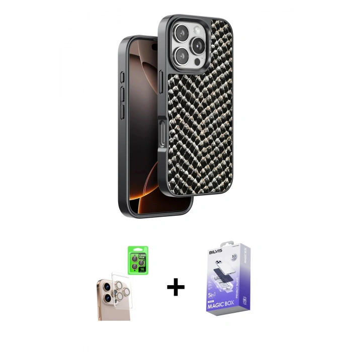 MARSİLYAN™- iPhone 16 Pro Max Kılıf Vadi Özel Seri - Siyah Bilvis 5in1 5D Magic Hayalet Cam Ekran Koruyucu + Raze Metal Kamera Lens - NLGY