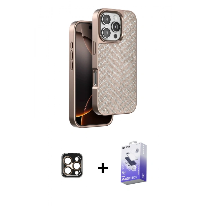 MARSİLYAN™- iPhone 16 Pro Max Kılıf Vadi Özel Seri - Siyah Bilvis 5in1 5D Magic Hayalet Cam Ekran Koruyucu + PVD Metal Kamera Lens - GD