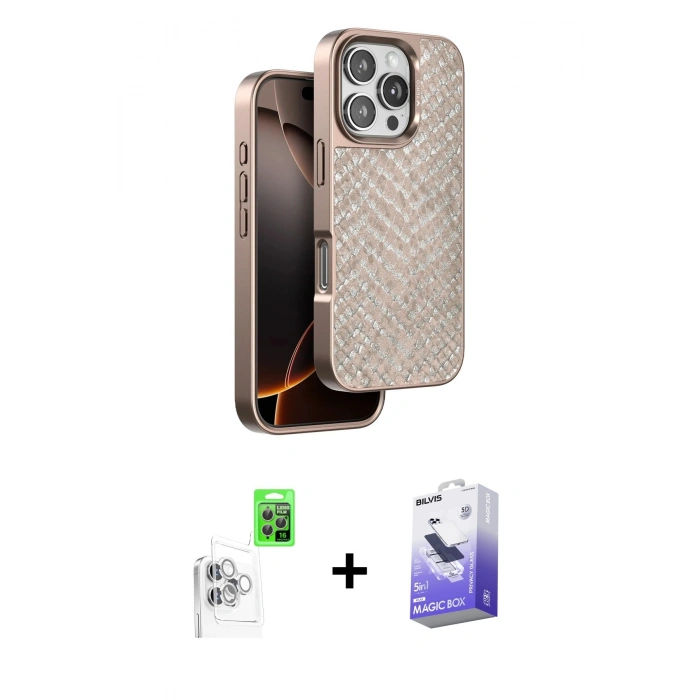 MARSİLYAN™- iPhone 16 Pro Max Kılıf Vadi Özel Seri - Siyah Bilvis 5in1 5D Magic Hayalet Cam Ekran Koruyucu + Raze Metal Kamera Lens - BZ