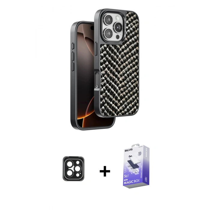MARSİLYAN™- iPhone 16 Pro Max Kılıf Vadi Özel Seri - Siyah Bilvis 5in1 5D Magic Hayalet Cam Ekran Koruyucu + PVD Metal Kamera Lens - SH