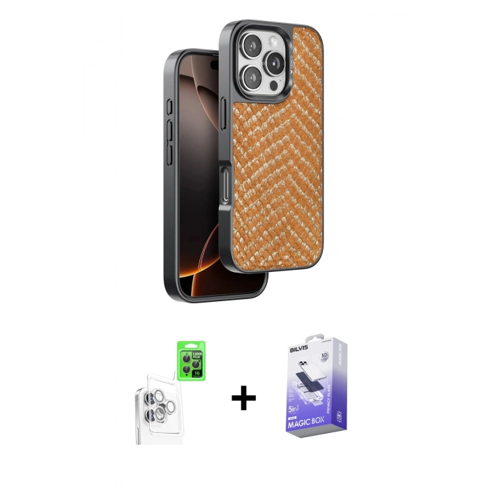 MARSİLYAN™- iPhone 16 Pro Max Kılıf Vadi Özel Seri - Siyah Bilvis 5in1 5D Magic Hayalet Cam Ekran Koruyucu + Raze Metal Kamera Lens - BZ
