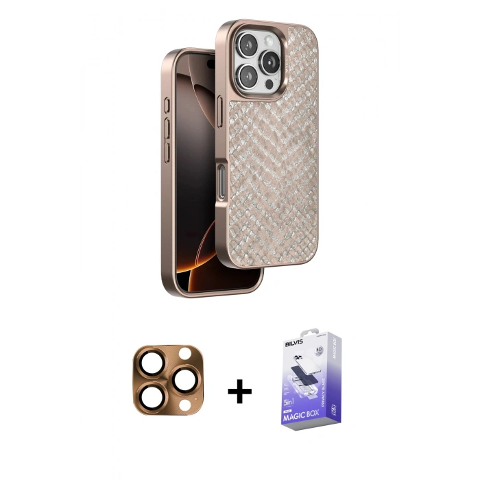 MARSİLYAN™- iPhone 16 Pro Max Kılıf Vadi Özel Seri - Siyah Bilvis 5in1 5D Magic Hayalet Cam Ekran Koruyucu + Pers Alüminyum Kamera Lens - CLTM