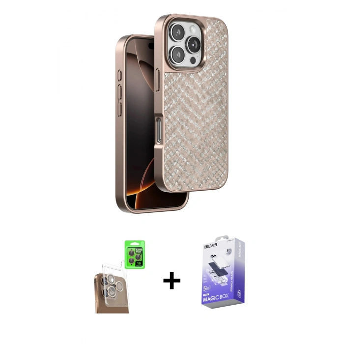 MARSİLYAN™- iPhone 16 Pro Max Kılıf Vadi Özel Seri - Siyah Bilvis 5in1 5D Magic Hayalet Cam Ekran Koruyucu + Raze Metal Kamera Lens - CLTM