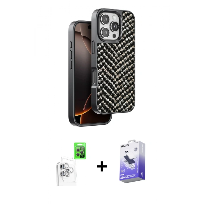 MARSİLYAN™- iPhone 16 Pro Max Kılıf Vadi Özel Seri - Siyah Bilvis 5in1 5D Magic Hayalet Cam Ekran Koruyucu + Raze Metal Kamera Lens - BZ