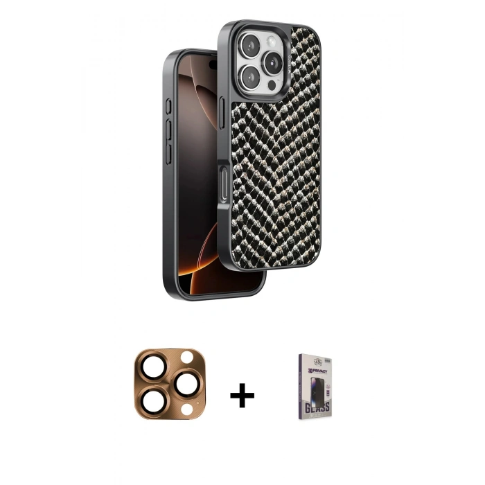 MARSİLYAN™- iPhone 16 Pro Max Kılıf Vadi Özel Seri - Siyah Bilvis Hayalet Cam Ekran Koruyucu + Pers Alüminyum Kamera Lens - CLTM