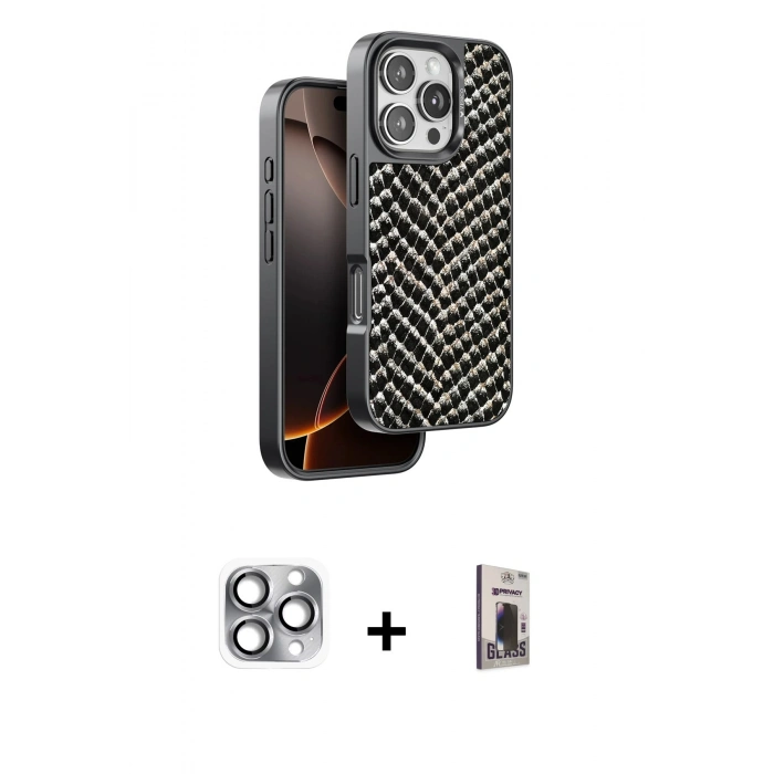 MARSİLYAN™- iPhone 16 Pro Max Kılıf Vadi Özel Seri - Siyah Bilvis Hayalet Cam Ekran Koruyucu + Pers Alüminyum Kamera Lens - GI