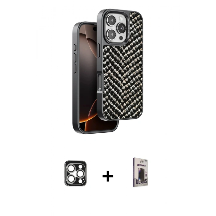 MARSİLYAN™- iPhone 16 Pro Max Kılıf Vadi Özel Seri - Siyah Bilvis Hayalet Cam Ekran Koruyucu + PVD Metal Kamera Lens - GS