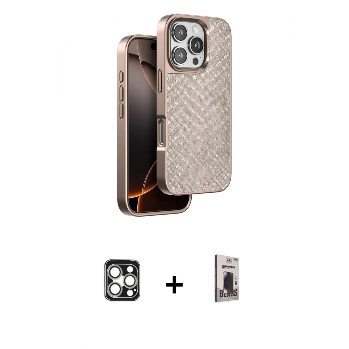MARSİLYAN™- iPhone 16 Pro Max Kılıf Vadi Özel Seri - Siyah Bilvis Hayalet Cam Ekran Koruyucu + PVD Metal Kamera Lens - GS