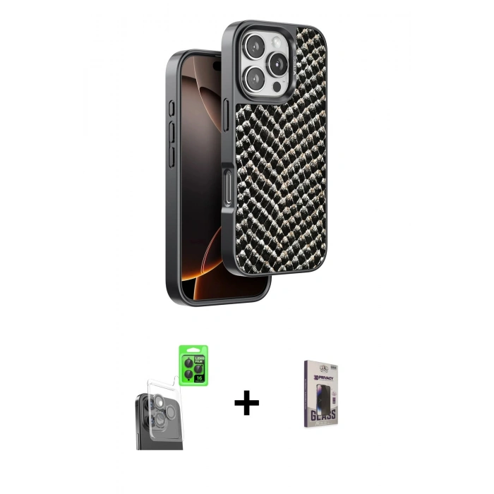 MARSİLYAN™- iPhone 16 Pro Max Kılıf Vadi Özel Seri - Siyah Bilvis Hayalet Cam Ekran Koruyucu + Raze Metal Kamera Lens - SH