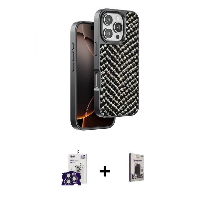 MARSİLYAN™- iPhone 16 Pro Max Kılıf Vadi Özel Seri - Siyah Bilvis Hayalet Cam Ekran Koruyucu + Bilvis Titan Kamera Lens - TMGI