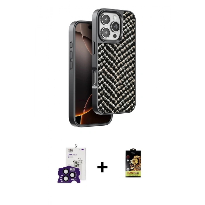 MARSİLYAN™- iPhone 16 Pro Max Kılıf Vadi Özel Seri - Siyah Buffer Cam Ekran Koruyucu + Bilvis Titan Kamera Lens - SH