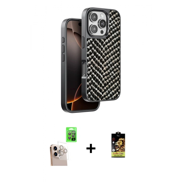 MARSİLYAN™- iPhone 16 Pro Max Kılıf Vadi Özel Seri - Siyah Buffer Cam Ekran Koruyucu + Natural Grey Raze Metal Kamera Lens