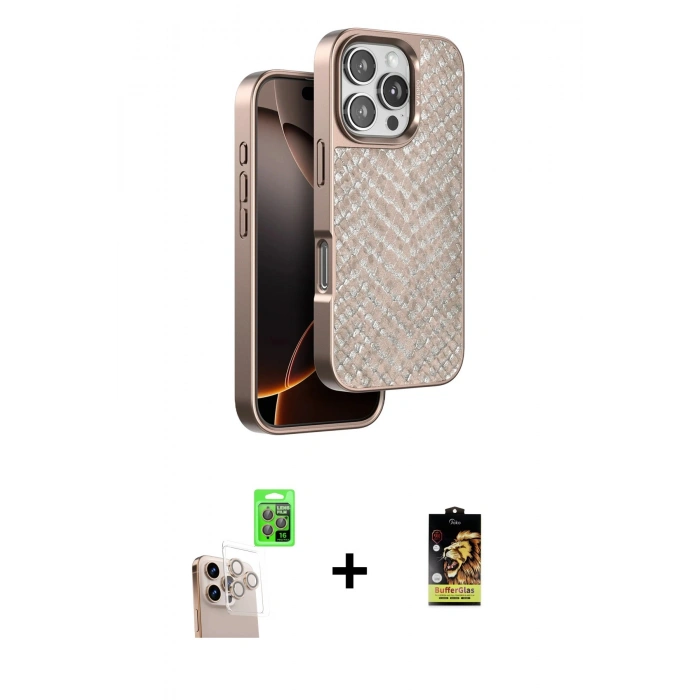 MARSİLYAN™- iPhone 16 Pro Max Kılıf Vadi Özel Seri - Siyah Buffer Cam Ekran Koruyucu + Natural Grey Raze Metal Kamera Lens