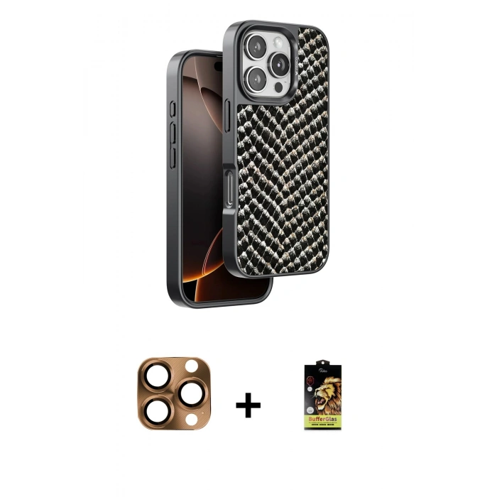 MARSİLYAN™- iPhone 16 Pro Max Kılıf Vadi Özel Seri - Siyah Buffer Cam Ekran Koruyucu + Pers Alüminyum Kamera Lens - CLTM