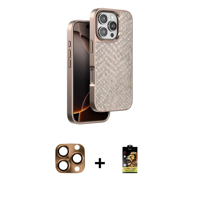 MARSİLYAN™- iPhone 16 Pro Max Kılıf Vadi Özel Seri - Siyah Buffer Cam Ekran Koruyucu + Pers Alüminyum Kamera Lens - CLTM