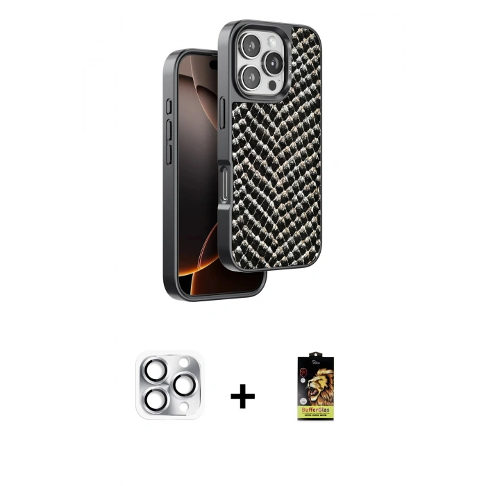 MARSİLYAN™- iPhone 16 Pro Max Kılıf Vadi Özel Seri - Siyah Buffer Cam Ekran Koruyucu + Pers Alüminyum Kamera Lens - GS