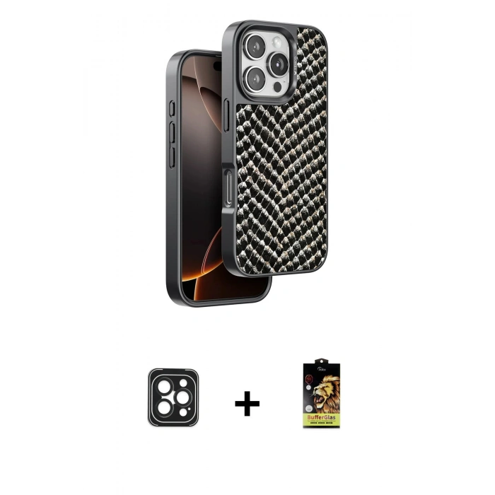 MARSİLYAN™- iPhone 16 Pro Max Kılıf Vadi Özel Seri - Siyah Buffer Cam Ekran Koruyucu + PVD Metal Kamera Lens - SH