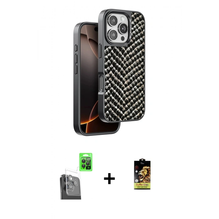 MARSİLYAN™- iPhone 16 Pro Max Kılıf Vadi Özel Seri - Siyah Buffer Cam Ekran Koruyucu + Raze Metal Kamera Lens - SH